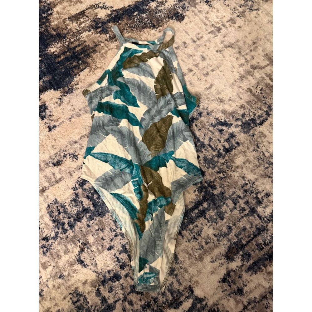 Forever 21 White, Teal & Olive Leaf-Print Ribbed Bodysuit